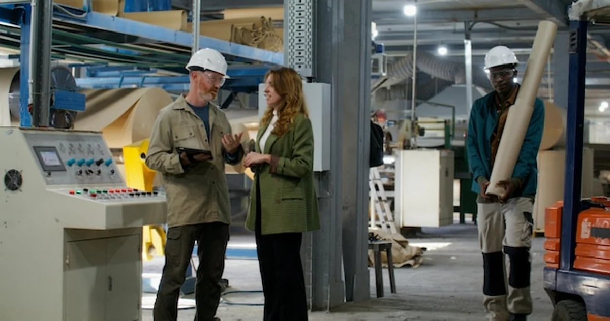 Pracownicy fabryki rozmawiają o procesach produkcyjnych i środkach bezpieczeństwa