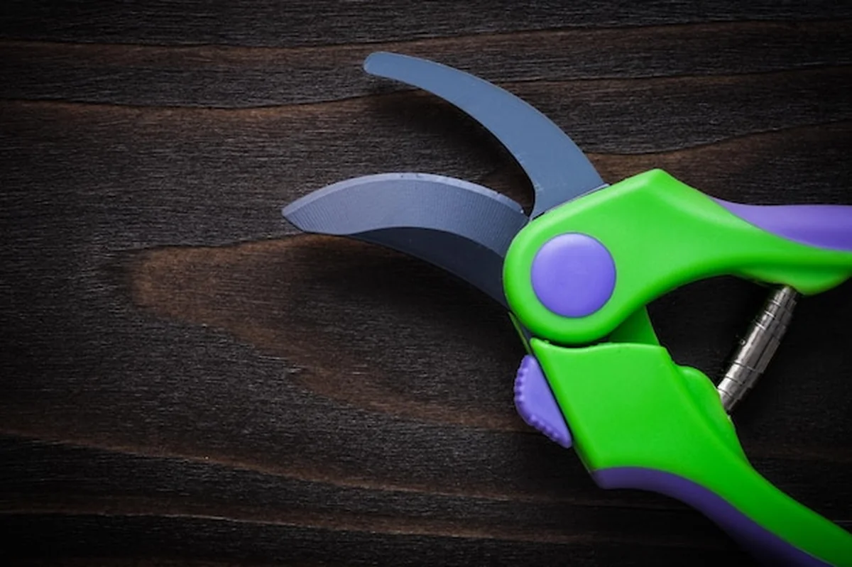 Metalowe ostre nożyce do przycinania na drewnianej powierzchni