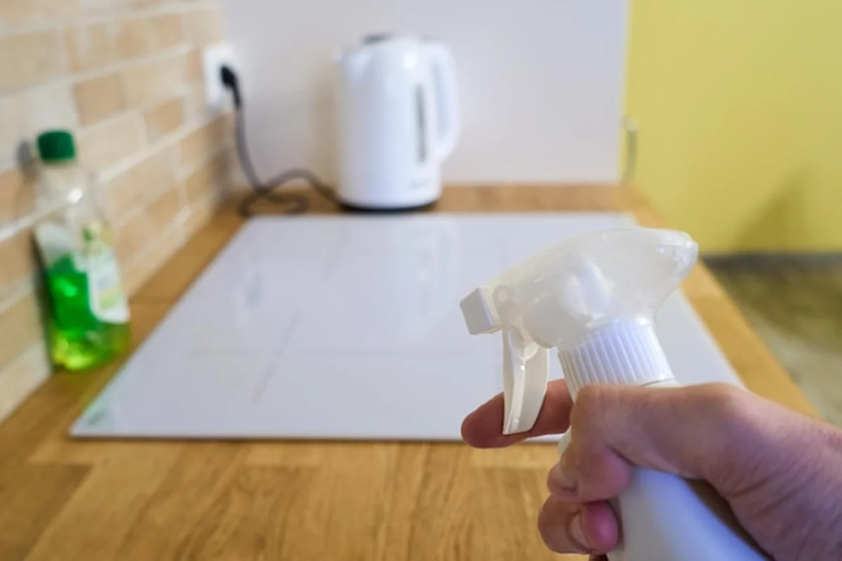 Nowoczesna luksusowa kuchnia podczas czyszczenia mebli