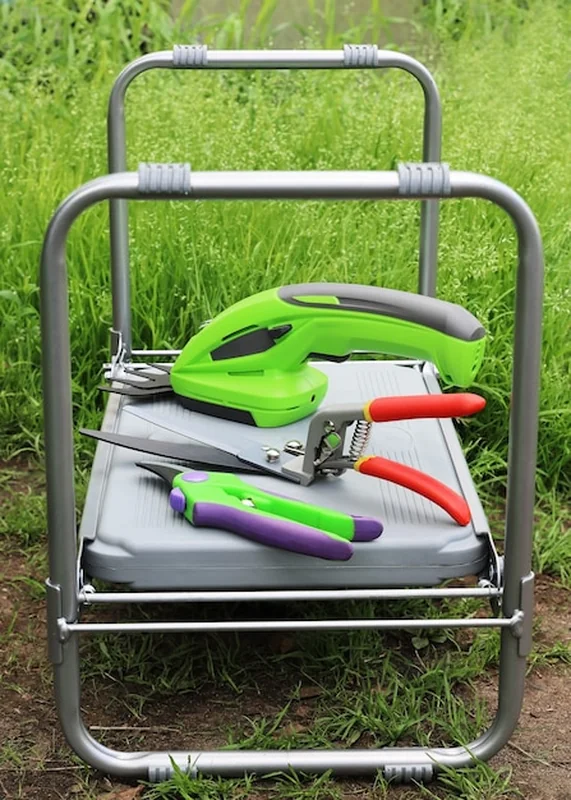 Składane krzesło stołowe z narzędziami ogrodniczymi do przycinania roślin i drzew